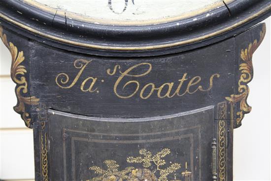 James Coates of Cirencester. A black japanned Act of Parliament clock, H.4ft 10in. W.2ft 6in.